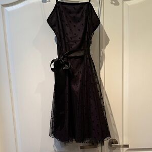 Elegant Deep Purple Polka Dot Midi Dress with Satin Waist Tie